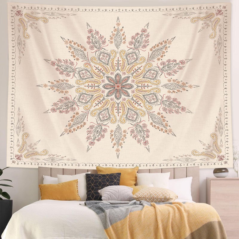 Neasow Bohemian Tapestry Wall Hanging, Beige White Floral Tapestry with Medallion Print Bedroom Boho Home Decor, WhiteSimple, Small 50Ã—60 inches - Image 5